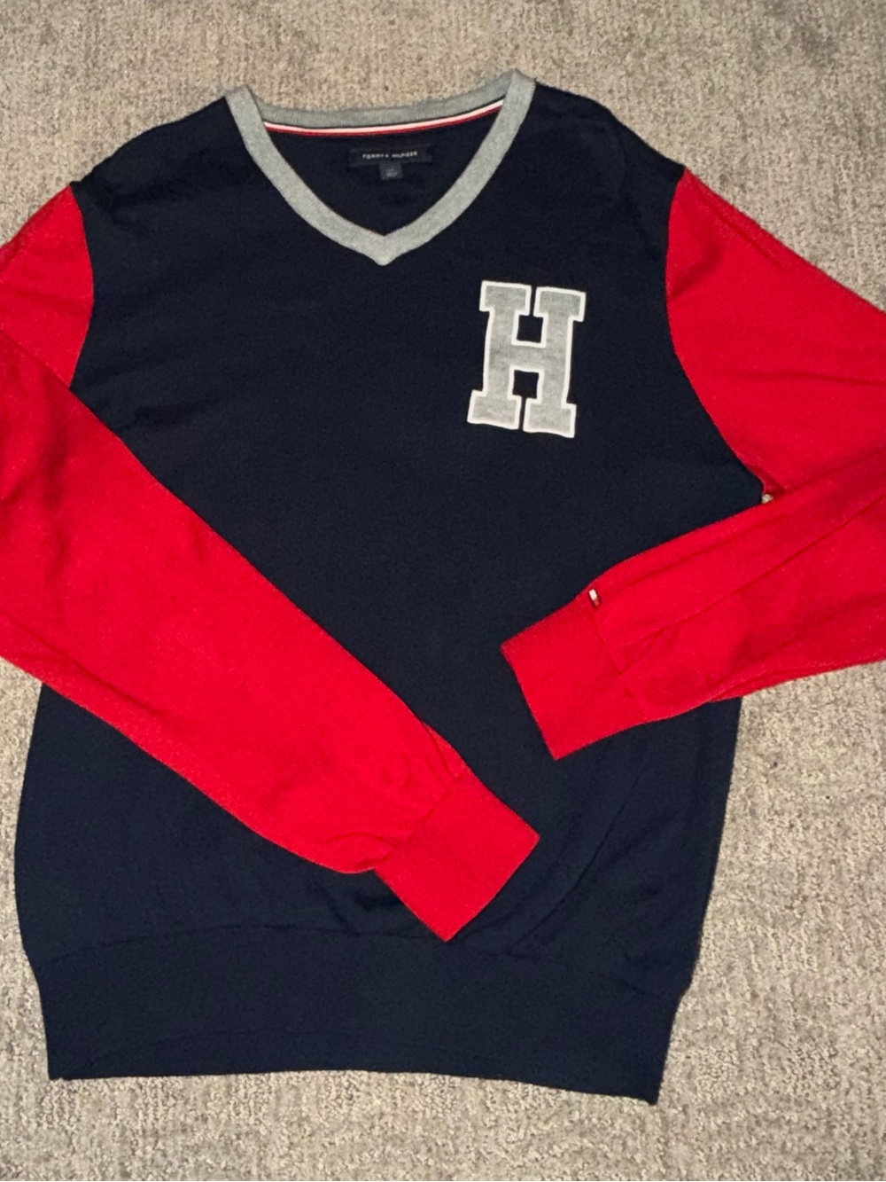 Tommy Hilfiger Navy and Red V-Neck Sweater with H Patch